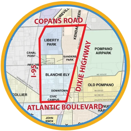 Area map of the Blanche Ely and Sanders Park neighborhoods, outlined between Copans Road, Atlantic Boulevard, I-95 and Dixie Highway
